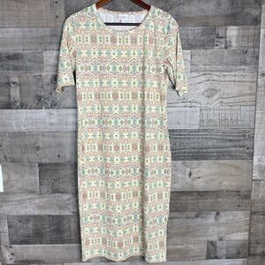 Lularoe Women's M Pullover Sheath Dress Knit Midi Short Sleeve Green Floral